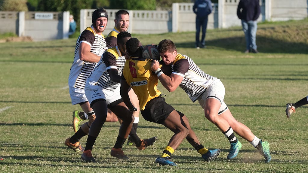 Rugby players in action during a fierce match in South Africa, showcasing teamwork and athleticism.